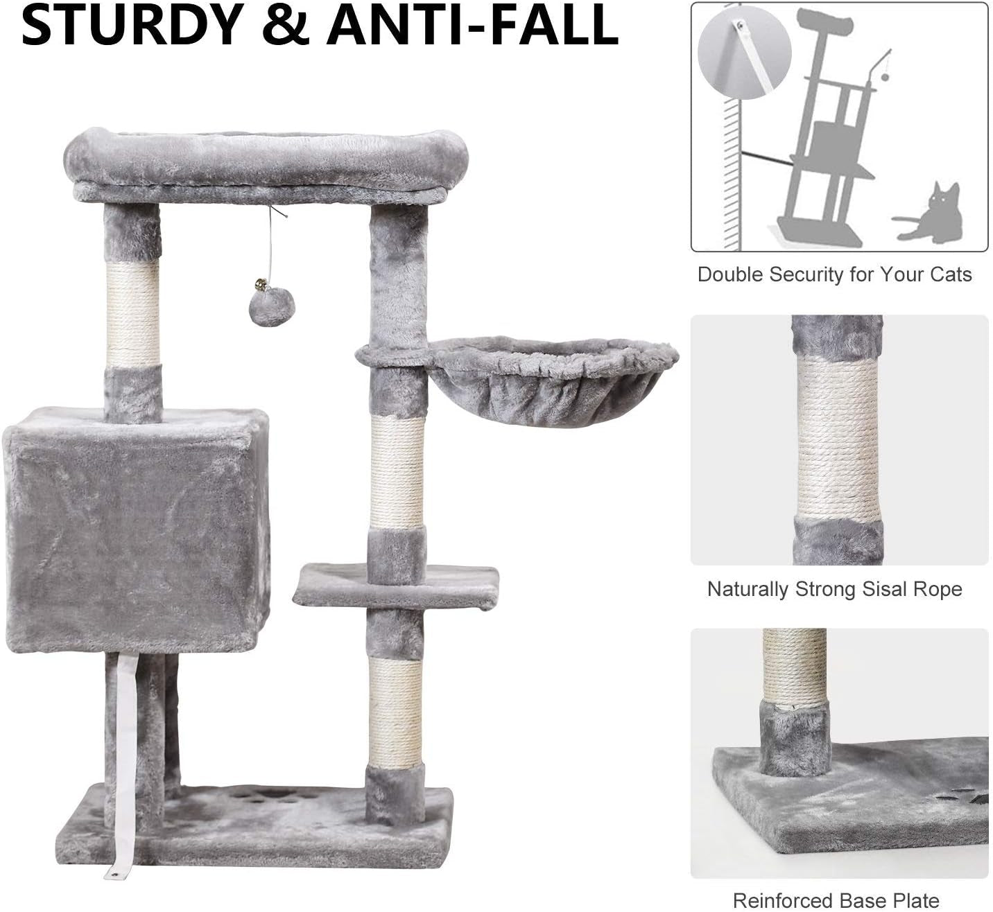Cat Tree Tower 36.7In with Padded Plush Perches, Condo, Hammock & Cat Scratching Post for Kittens, Large Cats, Gray