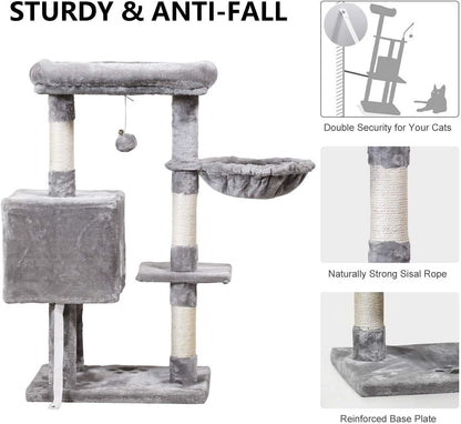Cat Tree Tower 36.7In with Padded Plush Perches, Condo, Hammock & Cat Scratching Post for Kittens, Large Cats, Gray