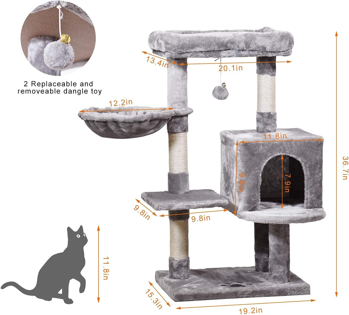 Cat Tree Tower 36.7In with Padded Plush Perches, Condo, Hammock & Cat Scratching Post for Kittens, Large Cats, Gray