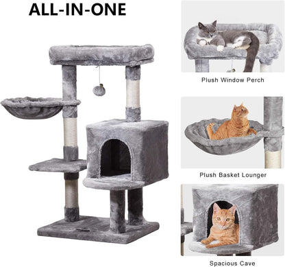 Cat Tree Tower 36.7In with Padded Plush Perches, Condo, Hammock & Cat Scratching Post for Kittens, Large Cats, Gray